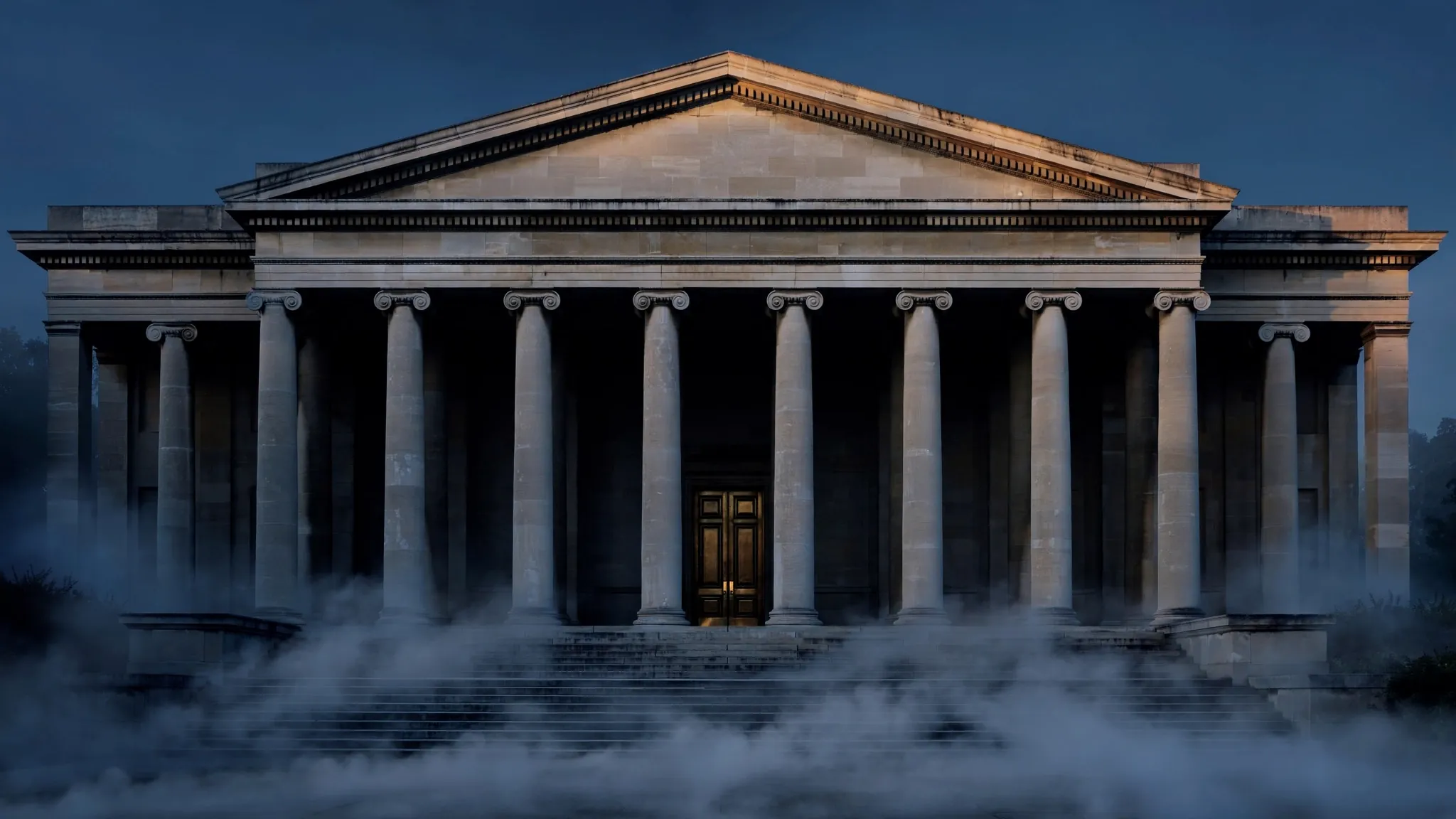 A neoclassical limestone government building at dawn, low fog across the steps