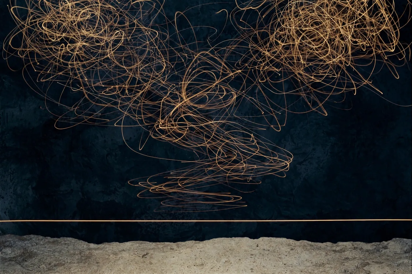 Brass-toned light trails resolving from chaos into one straight line
