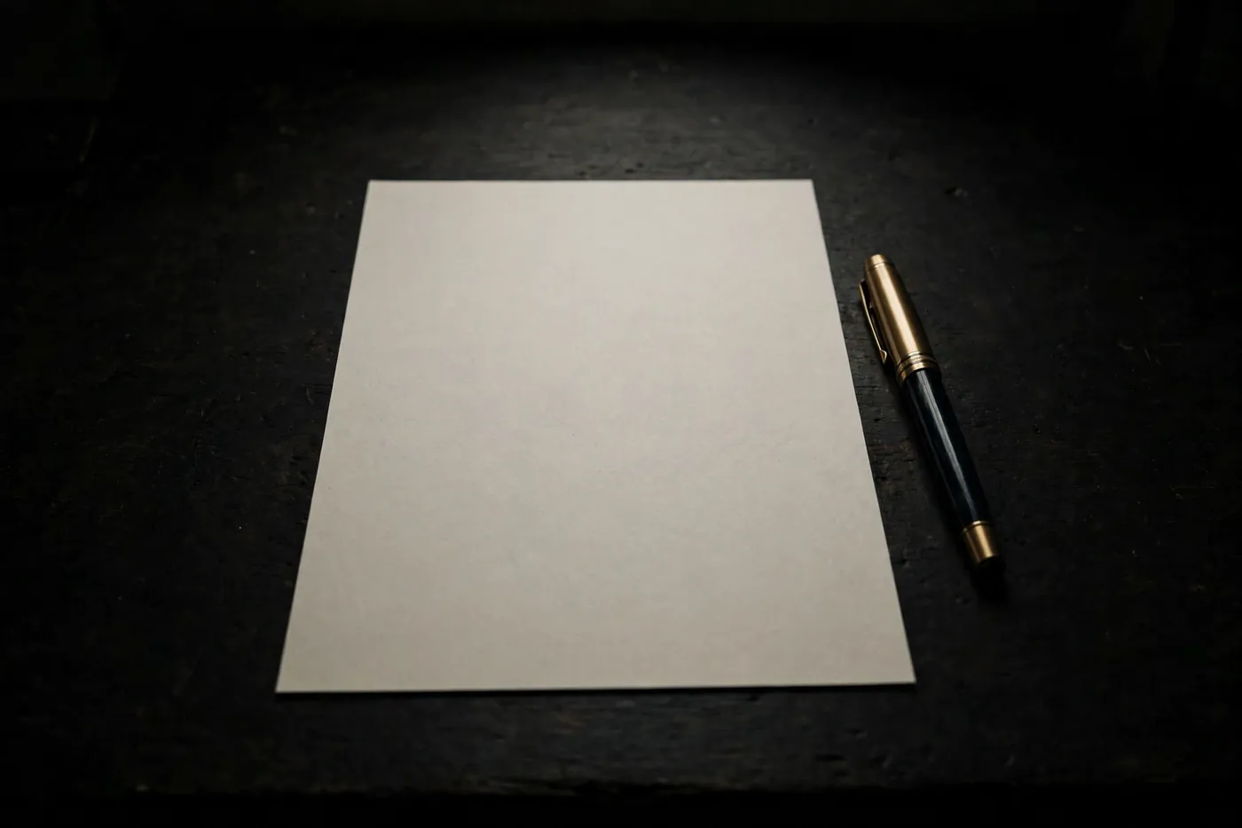 A single sheet of paper on a bare dark desk beside a pen