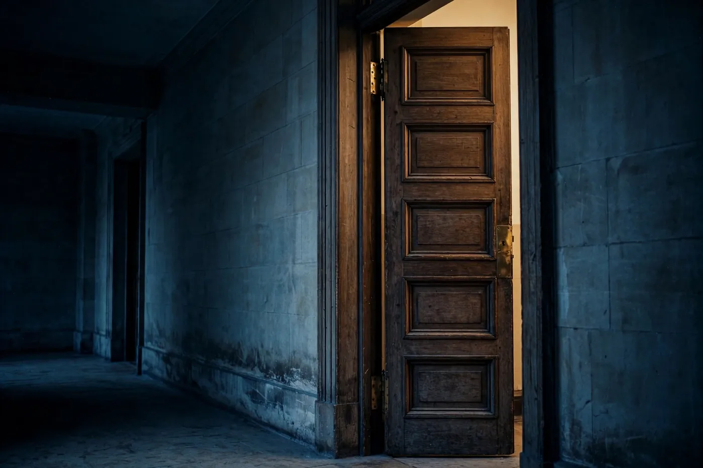 A heavy panelled door standing ajar with warm light in the gap