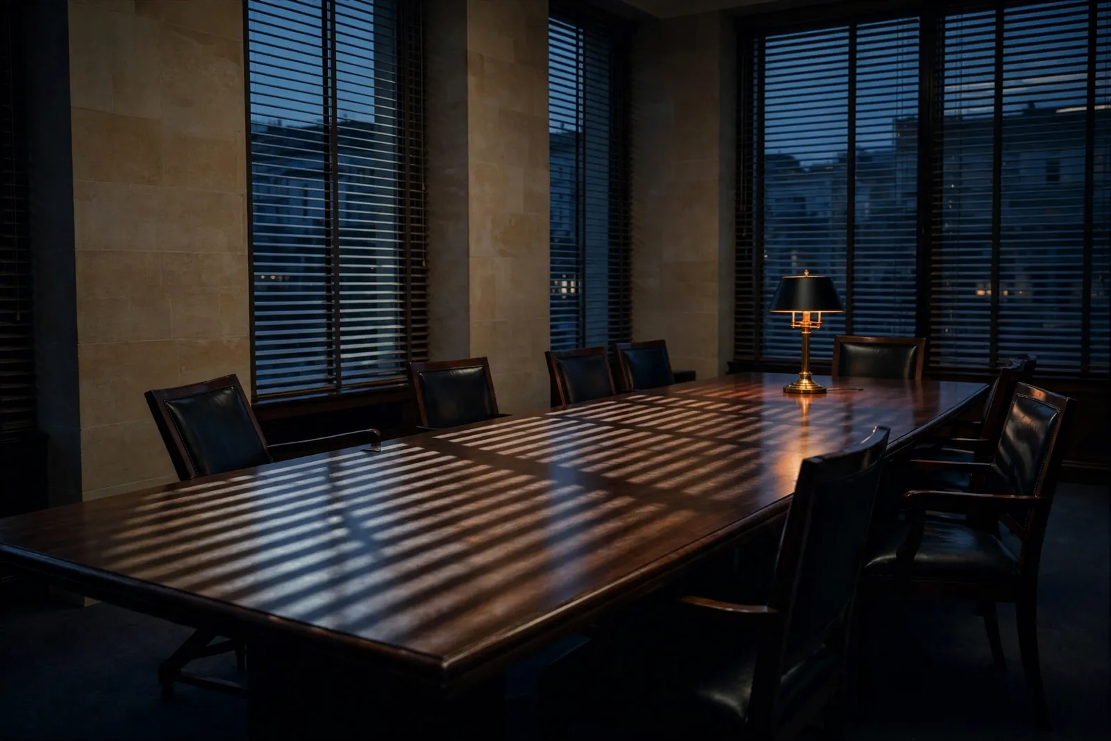 An empty boardroom at dusk, blind light striping the table
