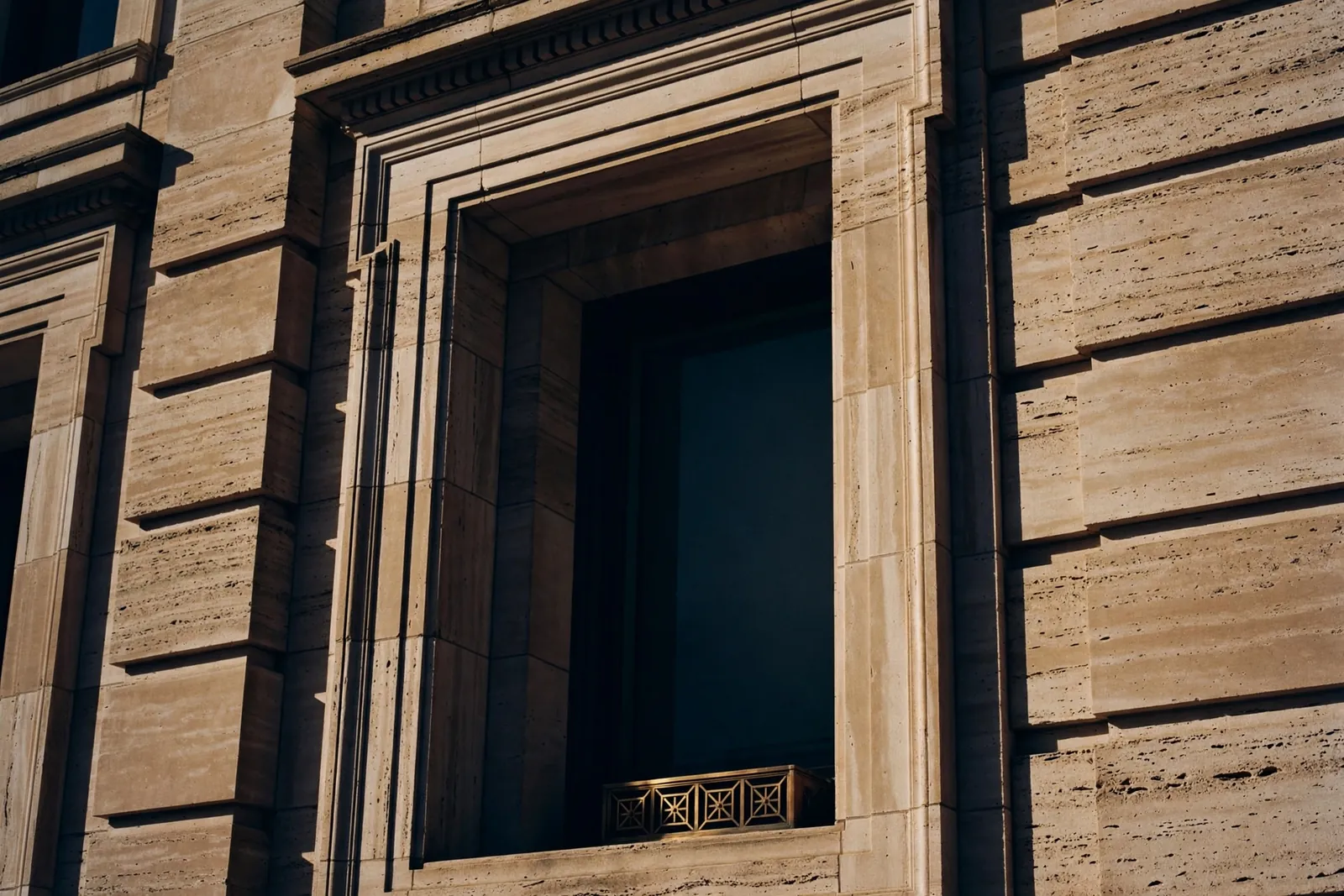 Limestone facade detail with deep window recesses in afternoon light